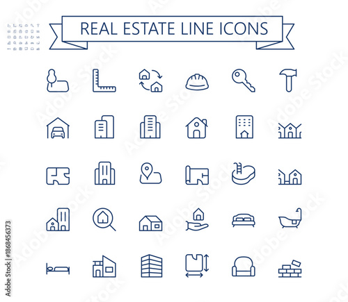 Real estate line vector icon set. Realty minimal small icons. Editable stroke.
