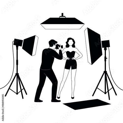 Photographer captures a stylish female model posing under professional studio.