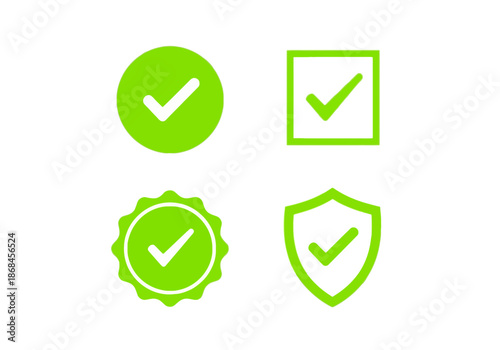 Collection of green checkmark icons in various shapes and styles