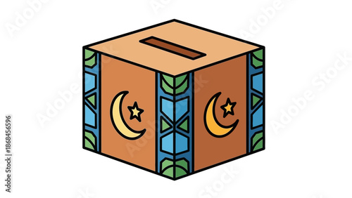Illustration of a brown donation box with crescent moon and star designs on a white background.