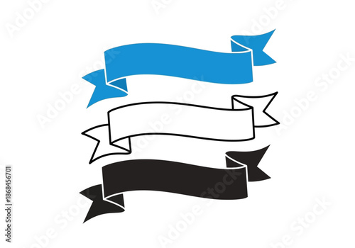 Three colorful ribbons or banners in blue, white, and black