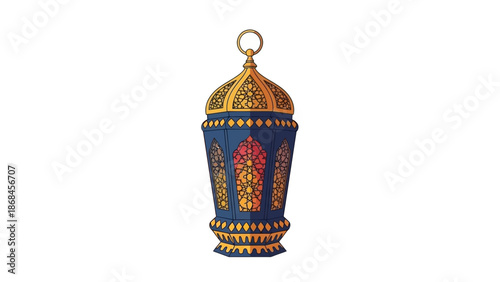 Colorful ornate lantern with intricate patterns and designs hanging from a gold loop on a white background.