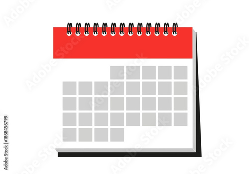 A red and white calendar on a with a black base