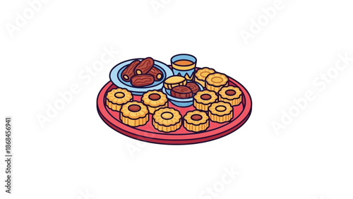 Colorful cartoon illustration of a red platter filled with assorted donuts and dipping sauces on a white background.