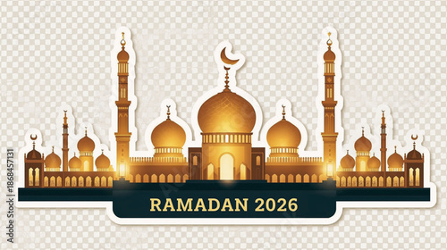 Ramadan 2026 golden mosque illustration with crescent moon and domes