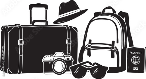 Travel essentials in black and white illustration style