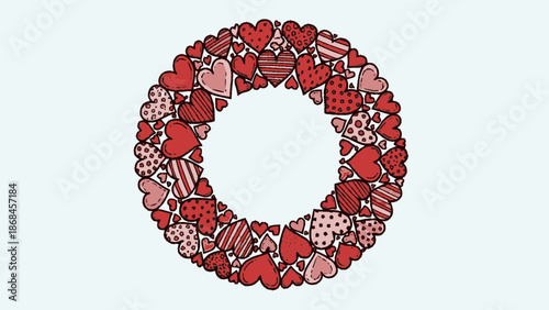 Heart shaped wreath made of various red hearts on white background.
