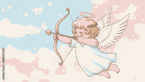 Cupid flying with bow and arrow in the sky.