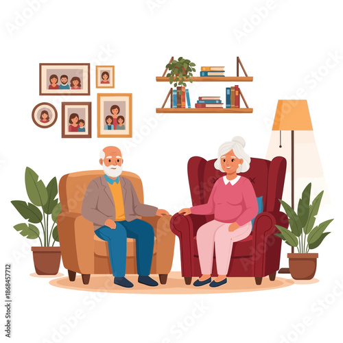 Elderly couple sitting on armchairs in a cozy living room with plants and books