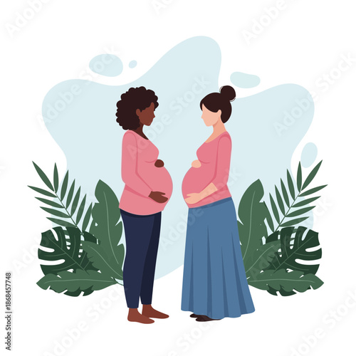 Two pregnant women standing facing each other with green plants