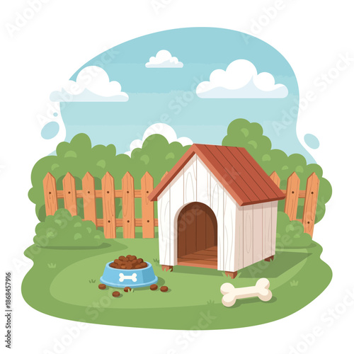 A dog house with a red roof and a bowl of food and a bone on the grass