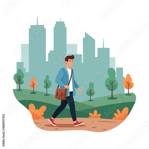 Man walking in a park with a city skyline in the background illustration
