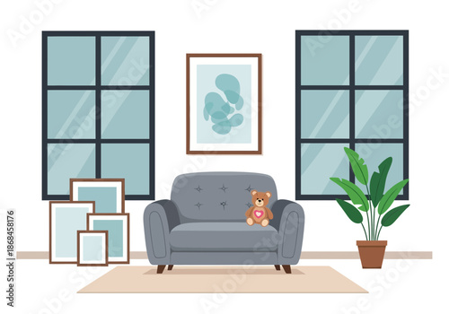 Living room interior with sofa and teddy bear on it with windows