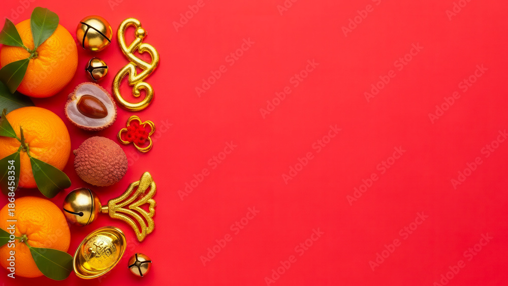 Fototapeta premium Chinese new year celebration with fruits and gold ornaments