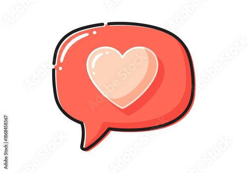 A red speech bubble with a heart inside on a for love and communication