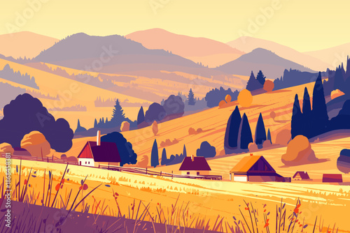 Mountain valley with village houses at sunrise, vector illustration