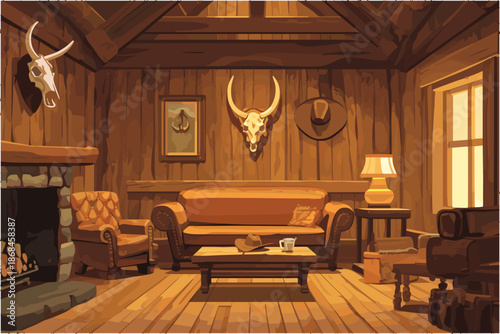Wooden hunter's lodge interior with furniture and decorations, vector illustration
