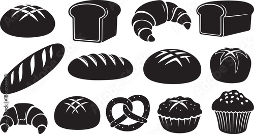 Variety of baked goods and bread icons