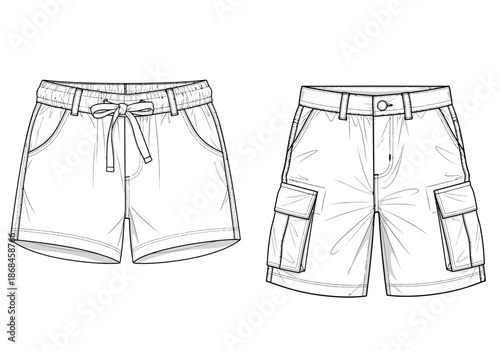 Fashion illustration of cargo shorts from front and back