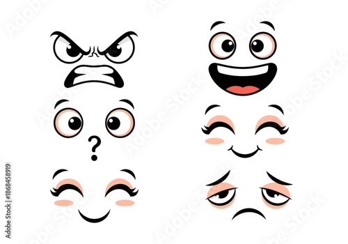 Six different cartoon faces with various emotions