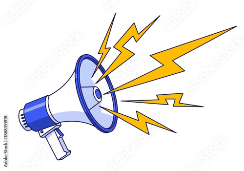 A blue and white megaphone with yellow lightning bolts coming out of it