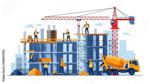 Construction Site with Crane and Workers.