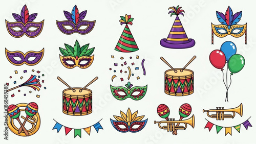 Vibrant mardi gras carnival party elements with masks hats drums and musical instruments in a colorful illustration with festival and celebration