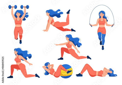 A set of women exercising in different poses with blue hair