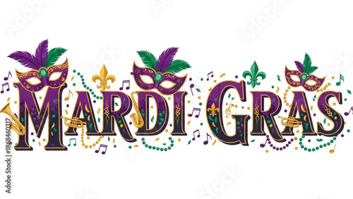 Vibrant mardi gras celebration graphic with colorful masks beads and musical notes on white background with party and festival and carnival and New Orleans