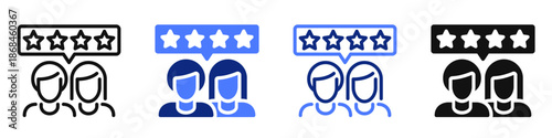 Vector icon or logo of two people with rating stars related to customer feedback and satisfaction, client rating and review. Symbol for website or app UI, logo design, illustration