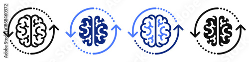Vector icon or logo of human brain with rotating arrows related to creativity and brainstorming, medicine and education. Symbol for website or app UI, logo design, illustration