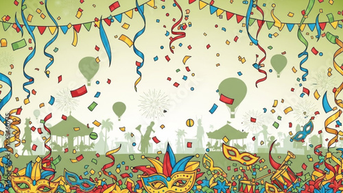 Vibrant carnival celebration with colorful masks confetti and balloons on a festive background perfect for party and event promotions with festival