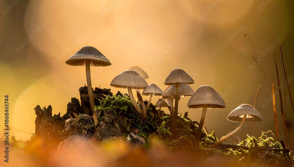 Fototapeta premium A grouping of small mushrooms, illuminated by soft golden light, grow on a moss-covered log, set against a blurred background