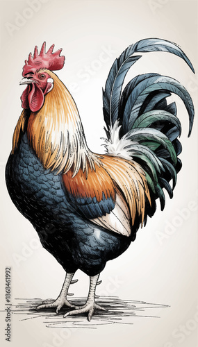 Illustration of a rooster drawn with colored ballpoint pens. Vector graphics. EPS.