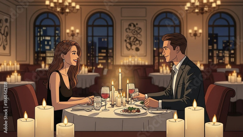 A romantic couple enjoys a candlelit dinner in an elegant restaurant with a city view at night with romantic dinner and date night and fancy