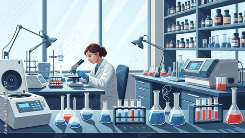 Female scientist in laboratory setting examining samples under microscope surrounded by various scientific equipment and colorful liquids in beakers