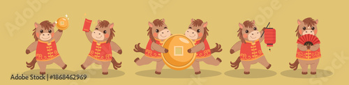 playful zodiac horse characters enjoying lunar new year festivities