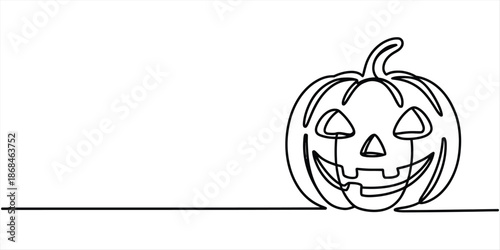 A continuous line art drawing of a halloween jack-o'-lantern pumpkin Vector, illustration