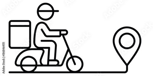 Delivery person riding a scooter icon to a location pin destination Vector, illustration