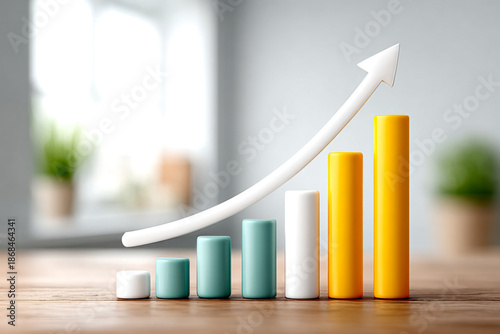 A colorful bar graph with an upward trend, symbolizing growth and progress, set against a blurred background of indoor plants.