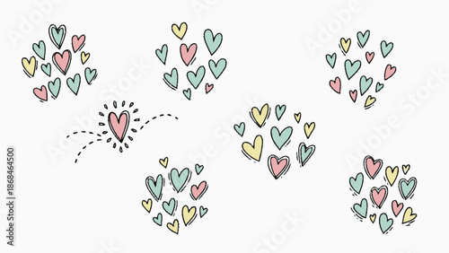 Hand drawn colorful hearts in various arrangements on white background.
