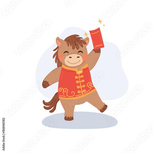 playful horse in traditional chinese outfit presenting a red packet for lunar new year