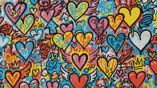 Colorful hearts and symbols in a vibrant pattern.