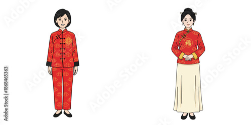 Vector of woman wearing traditional Chinese Tang Suit. Vector, minimalist, illustration, icon set.