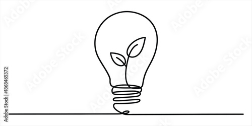 Continuous line drawing of a light bulb with a plant sprout inside representing sustainable ideas Vector, illustration