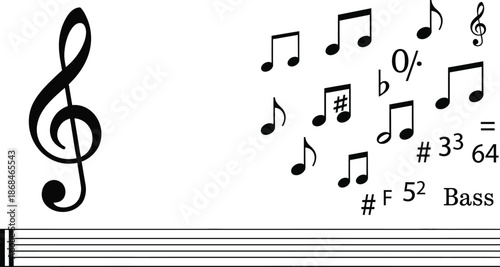 Music Notes and Bass Clef on Staff Lines