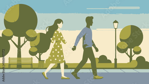 Couple walking together in a serene park landscape.