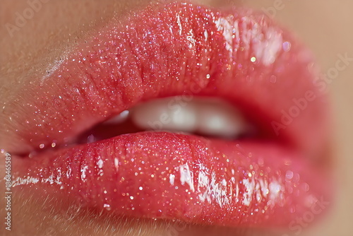 Close view of glossy lips with shimmer and shine in natural light during a makeup session