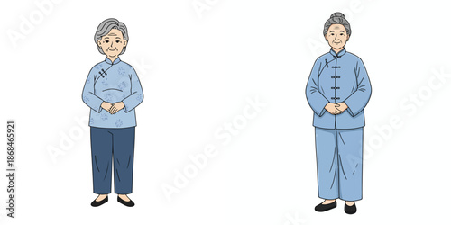 Vector of grandmother wearing traditional Chinese clothes. Vector, minimalist, illustration, icon set.