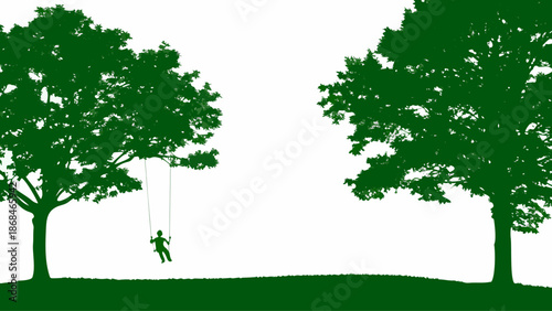 Silhouette of a person on a swing between two trees in a park